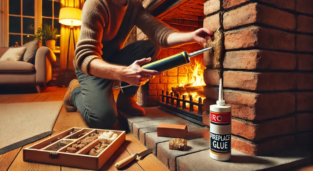 Applying fireplace glue for brick repair on a modern fireplace