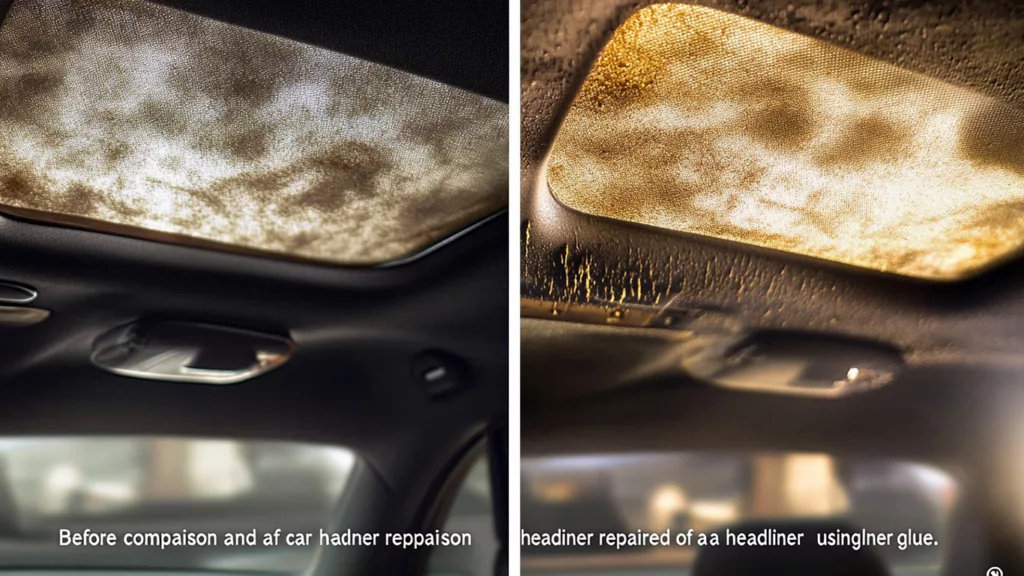 Before and after comparison of a car headliner repaired using headliner glue​​