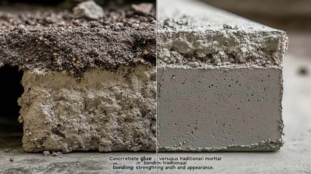 Concrete glue versus traditional mortar in bonding strength and appearance.