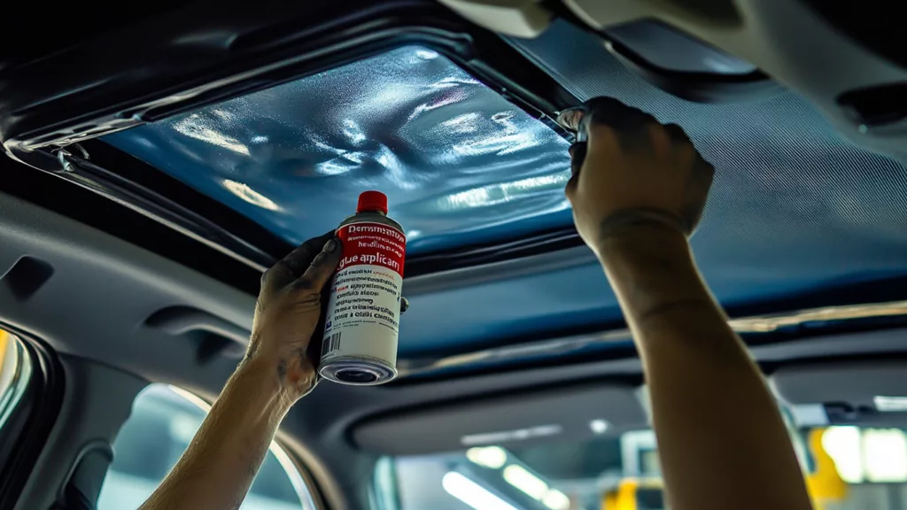 Demonstration of headliner glue​​ application on a car ceiling