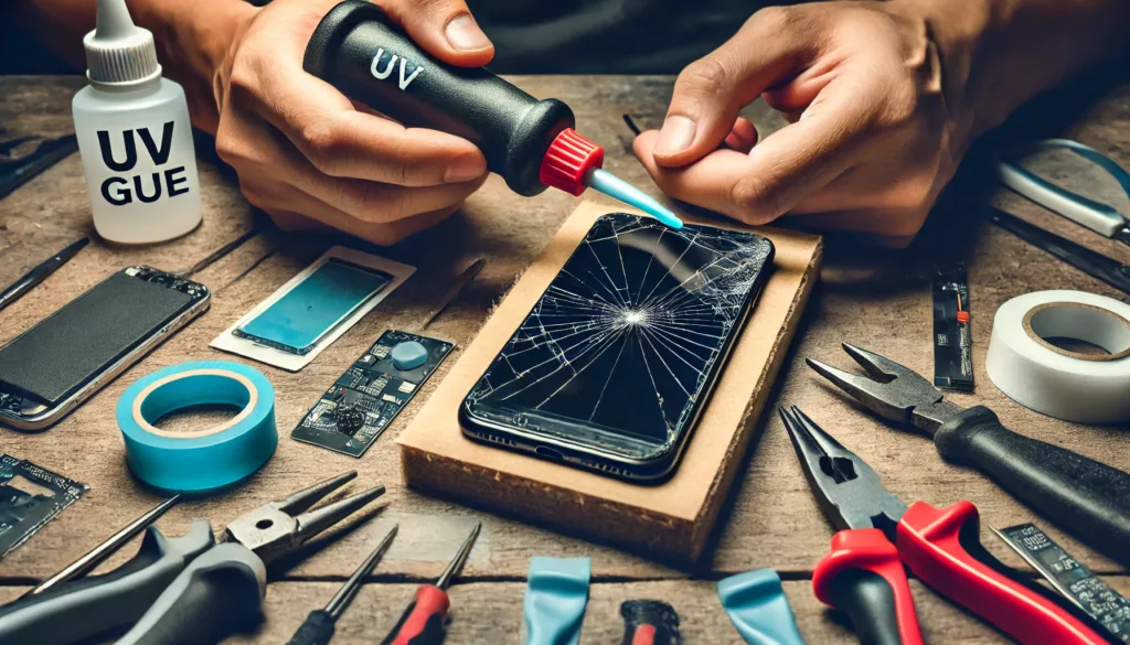 A technician repairing a smartphone screen with UV glue.