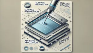 Adhesive bonding two surfaces with a focus on the adhesive layer and labeled components.