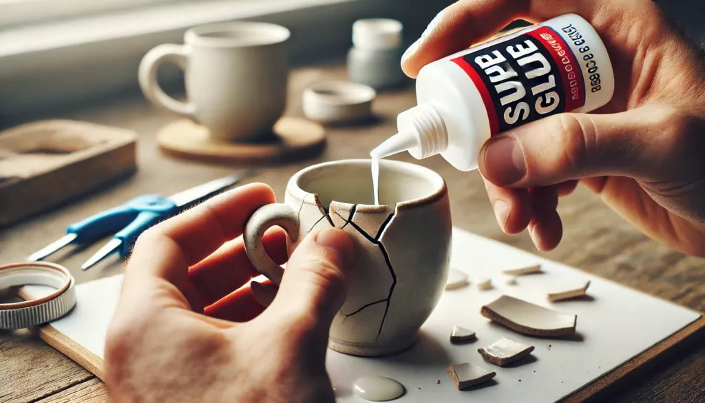 Super glue being applied to repair a broken ceramic item