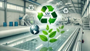 UV adhesives curing on glass with eco-friendly elements like leaves and recycling symbols.