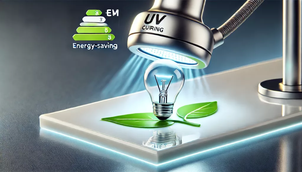 UV curing process highlighting energy efficiency with a UV lamp and bonded materials