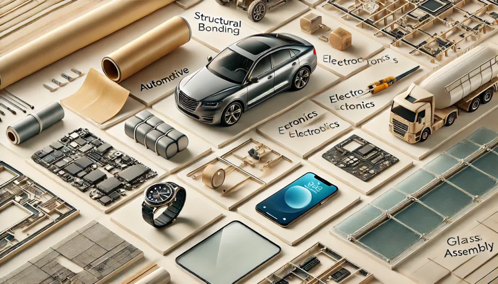 A montage of adhesives in automotive, electronics, and construction industries.