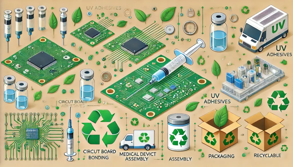 UV adhesives in electronics, medical devices, and packaging with eco-friendly icons