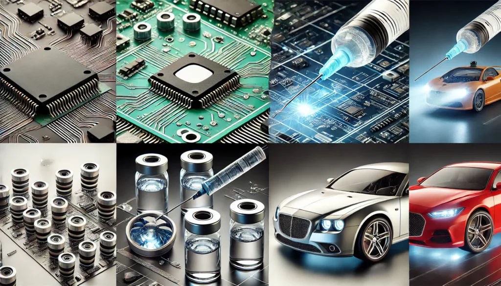 A collage showcasing UV adhesive applications in electronics, healthcare, optics, and automotive.