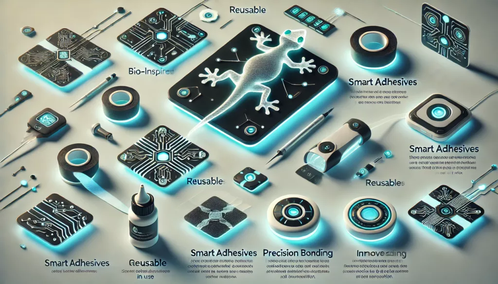 Concept art of futuristic adhesives, including bio-inspired and smart adhesive designs.