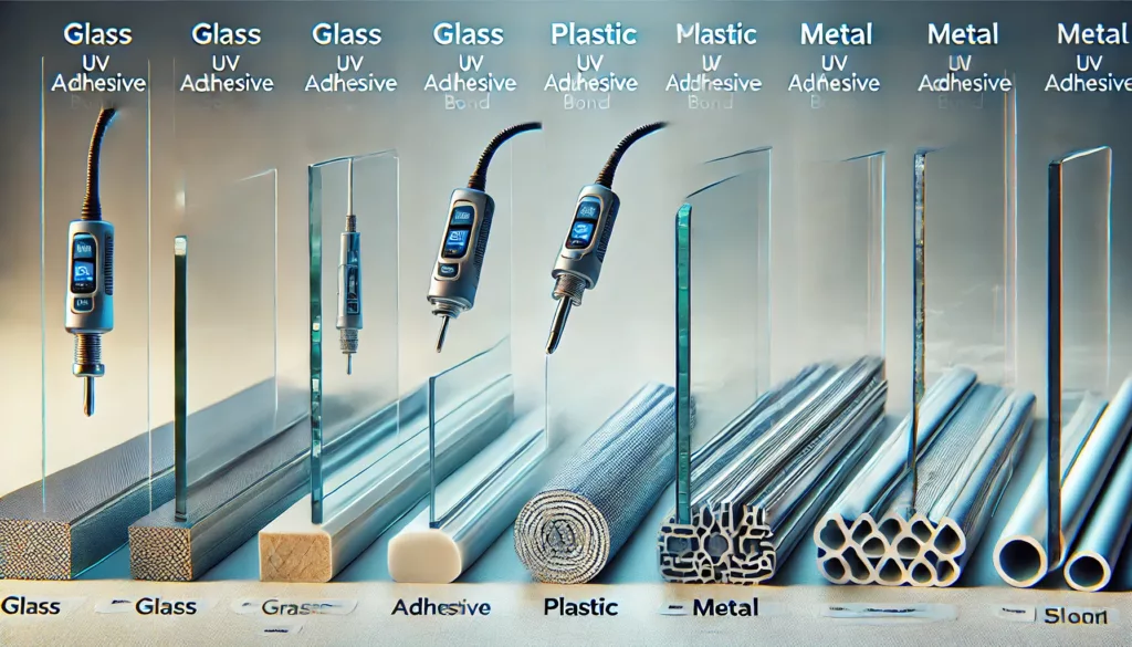 UV adhesive bonding glass, plastic, and metal materials in a comparison view