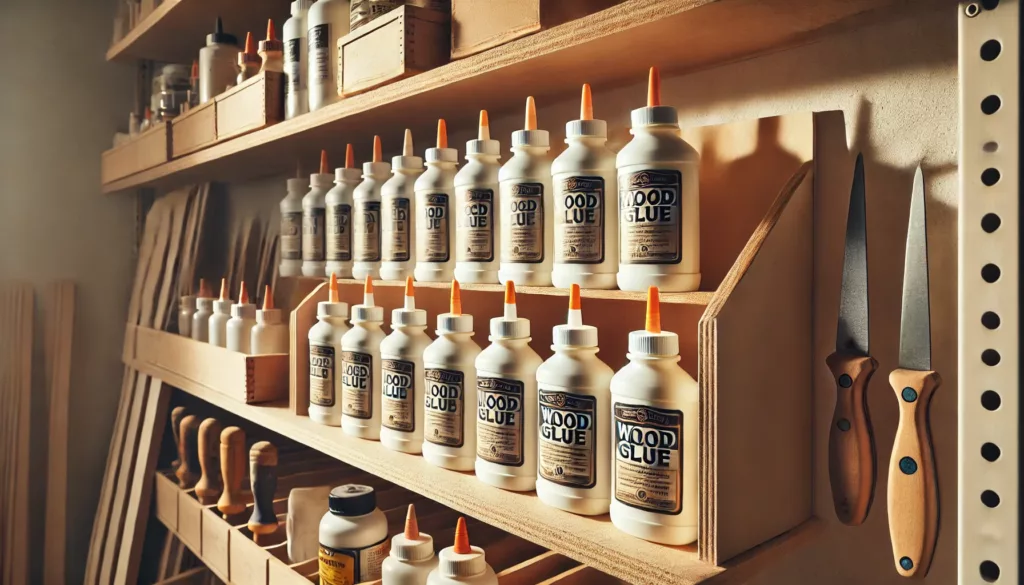 Wood glue bottles stored upright in a cool, dry space