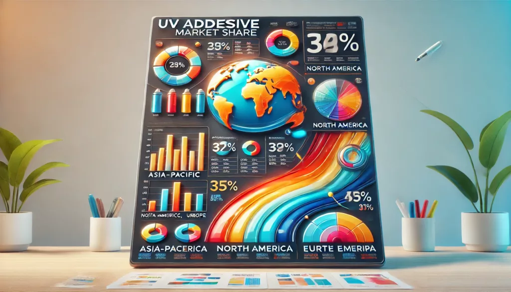 An infographic showing UV adhesive market share by region, with clean labels and vibrant visuals.