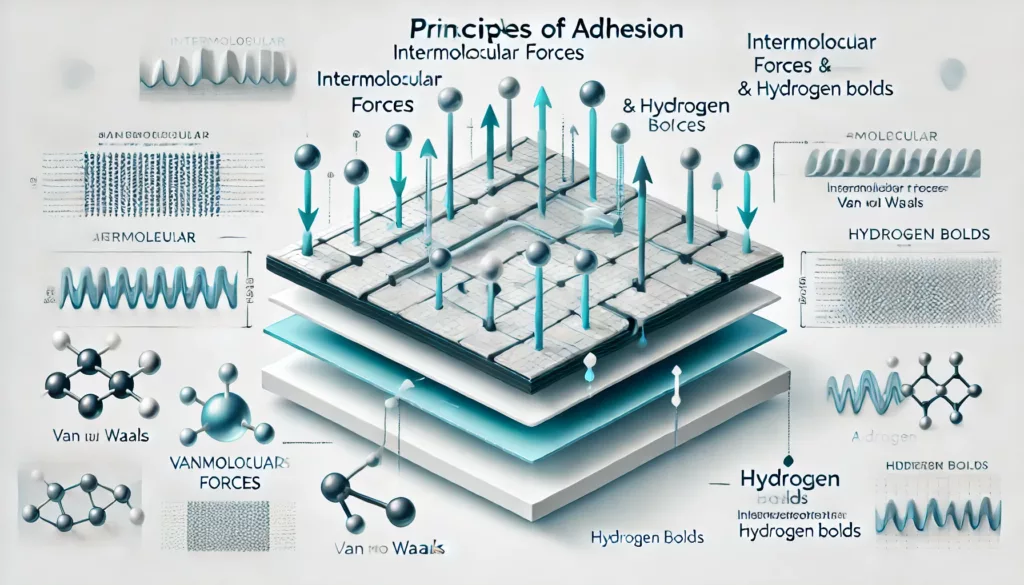 Diagram explaining intermolecular forces like van der Waals and hydrogen bonds in adhesion.