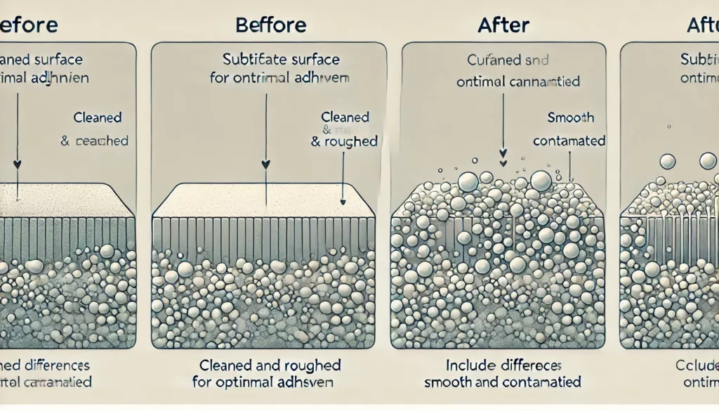 A before-and-after image of surface preparation for adhesive bonding, annotated.