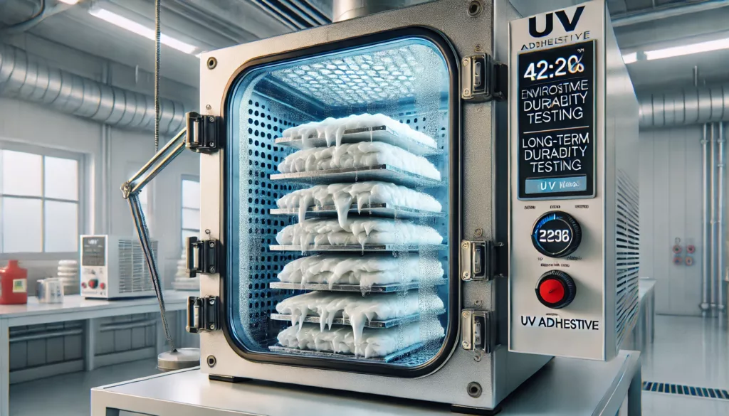 Long-term durability testing of UV adhesives in a humidity chamber