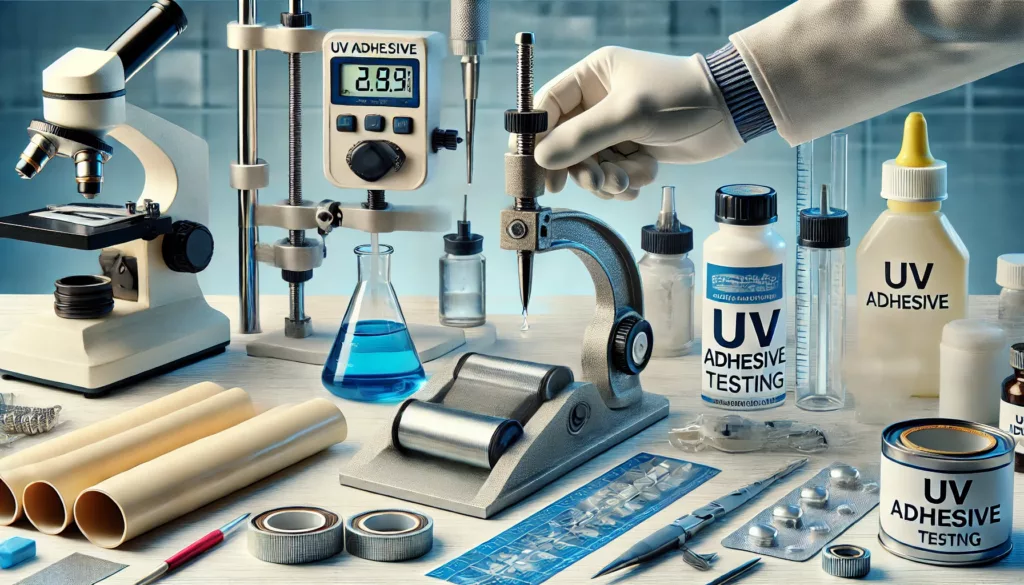 Laboratory testing of UV adhesive bond strength and curing depth.