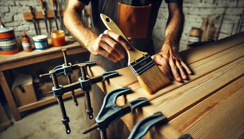 Traditional adhesive being applied to wood with a brush