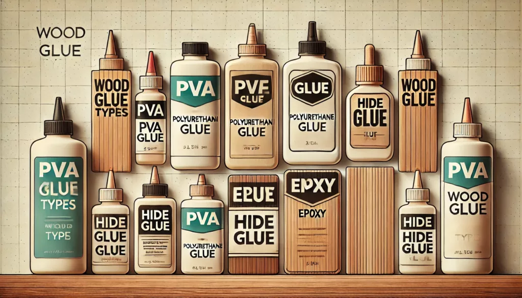 Various types of wood glue including PVA, polyurethane, and epoxy