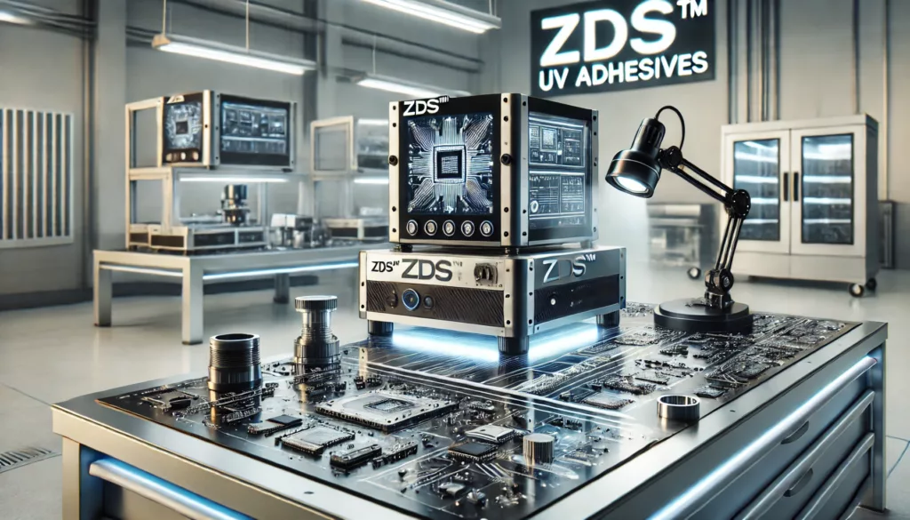 A professional industrial setup featuring ZDS™ adhesives in action for electronics and optical bonding.